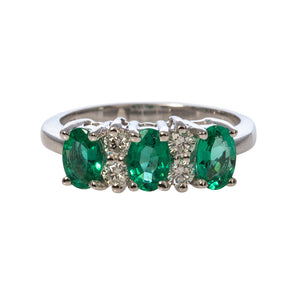 Three Stone Oval Emerald & Diamond 14K White Gold Ring