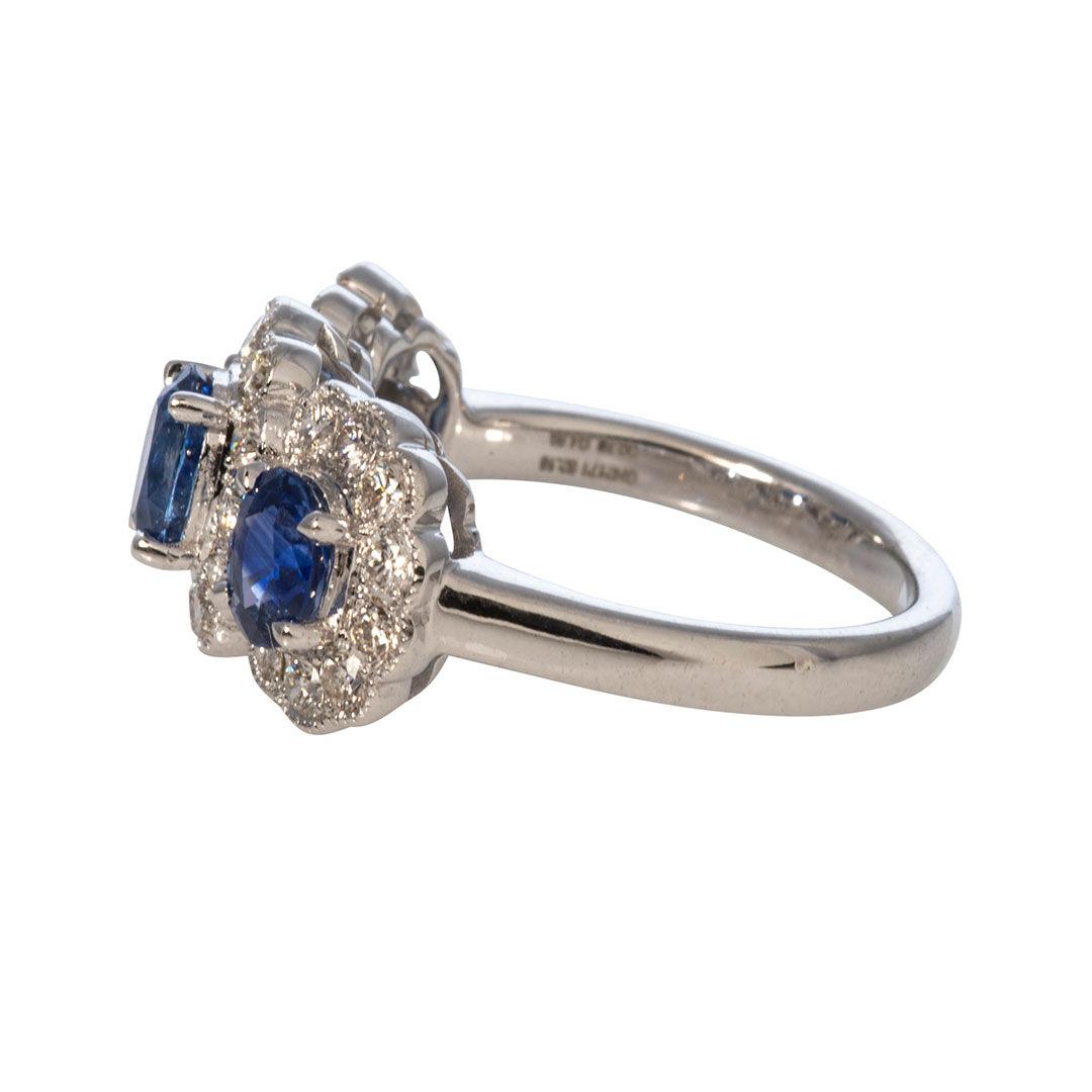 Three Stone Oval Sapphire & Diamond Halo 14K White Gold Ring