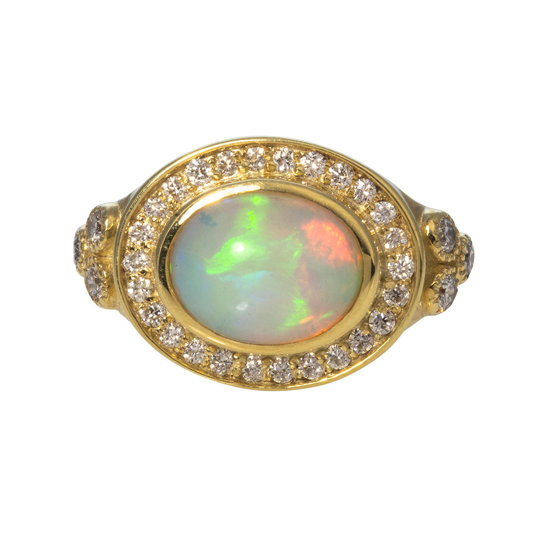 Oval Cabochon Opal & Diamond 14K Yellow Gold Ring