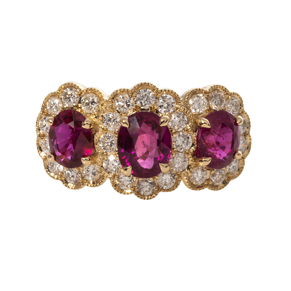 Three Stone Oval Ruby Diamond Halo 14K Yellow Gold Ring