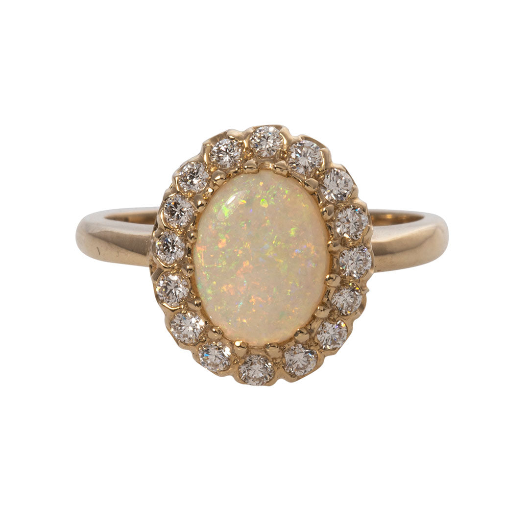 Oval Opal & Diamond Cluster 14K Yellow Gold Ring