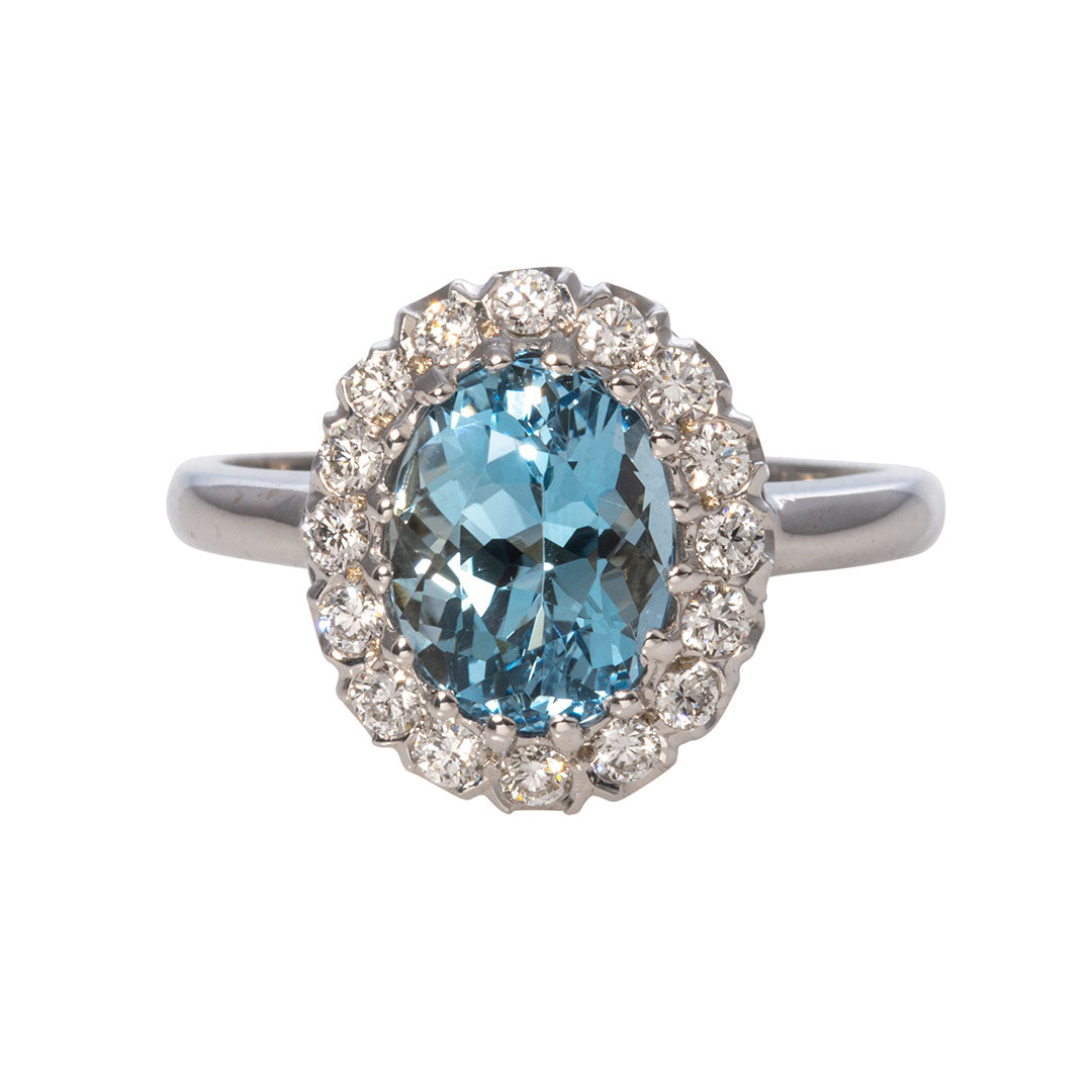 Oval Aquamarine & Diamond Cluster 14K White Gold Ring