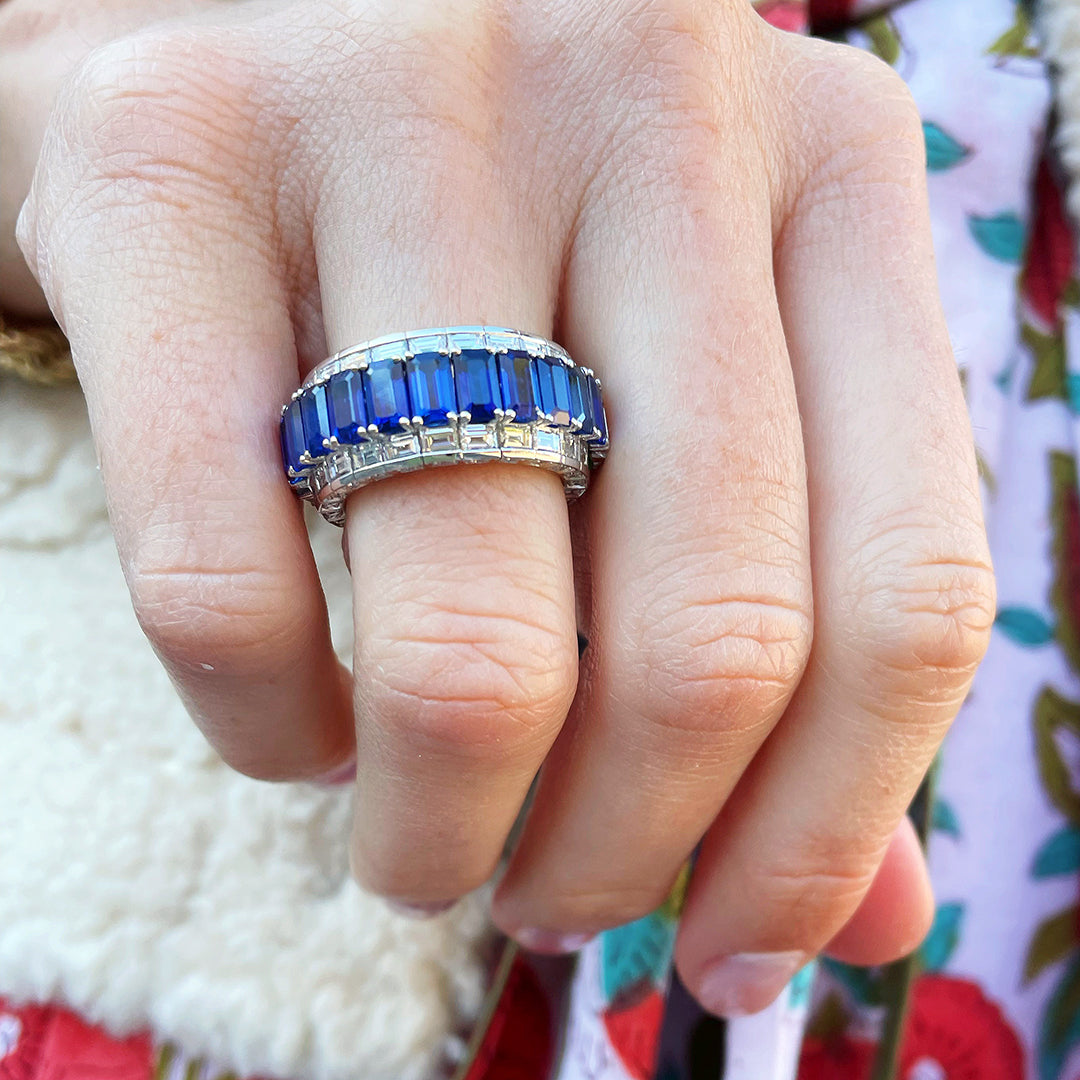 Emerald Cut Sapphire and Diamond Men Ring in 14K White Gold | Blue Sapphire Ring | Mans Wedding Ring | Gifts for Him | Birthstone Mens Ring 18K +
