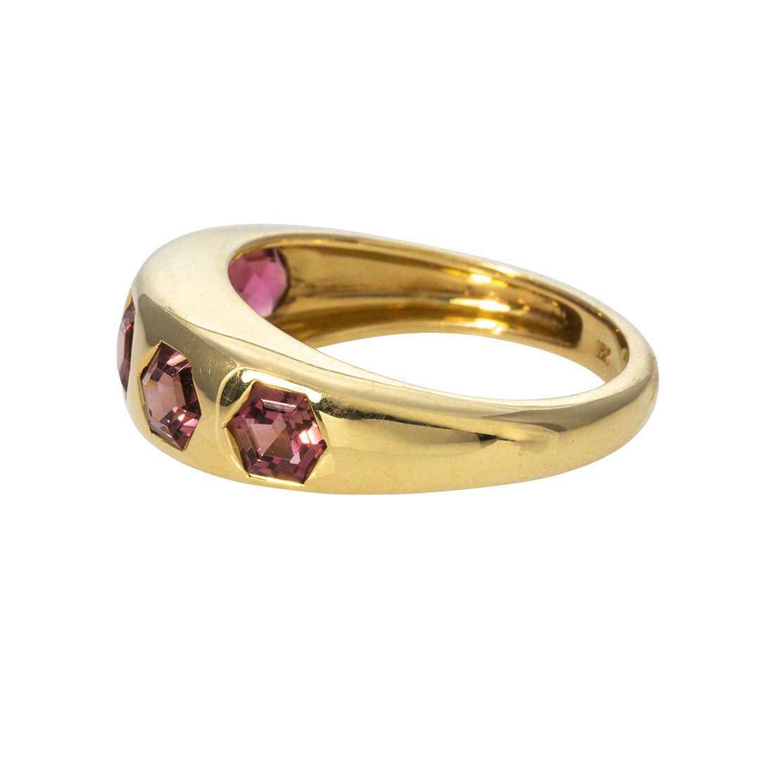 Hexagonal Pink Tourmaline Five Stone 18K Gold Gypsy Ring
