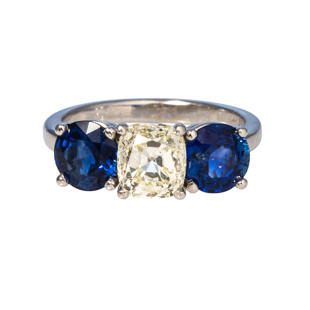Cushion Diamond & Round Sapphire Three Stone 14K Gold Ring