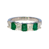 Diamond & Emerald 7 Stone 18K White Gold Ring