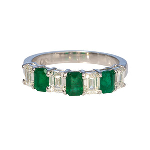 Diamond & Emerald 7 Stone 18K White Gold Ring