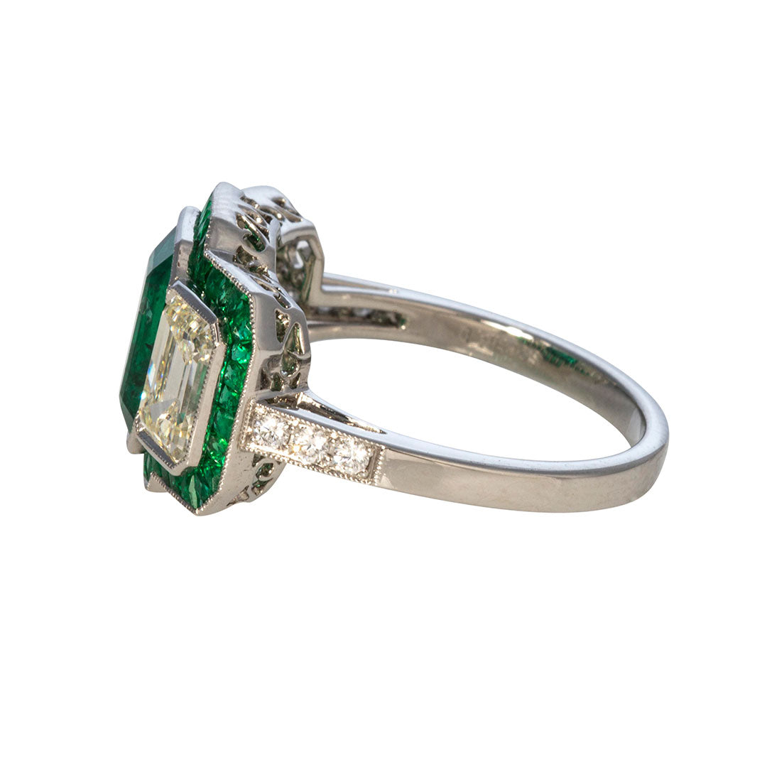 Art Deco Style Emerald & Diamond Three Stone Platinum Ring