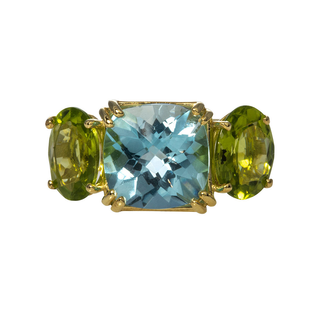 Blue Topaz & Peridot 3 Stone 14K Yellow Gold Ring