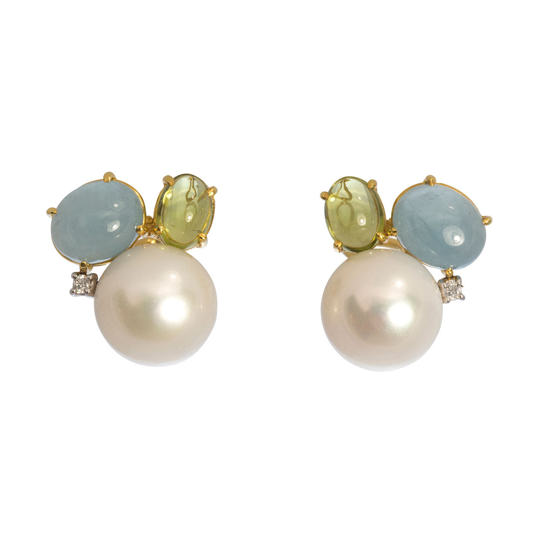 Mazza Pearl, Aquamarine, Peridot & Diamond 14K Gold Earrings
