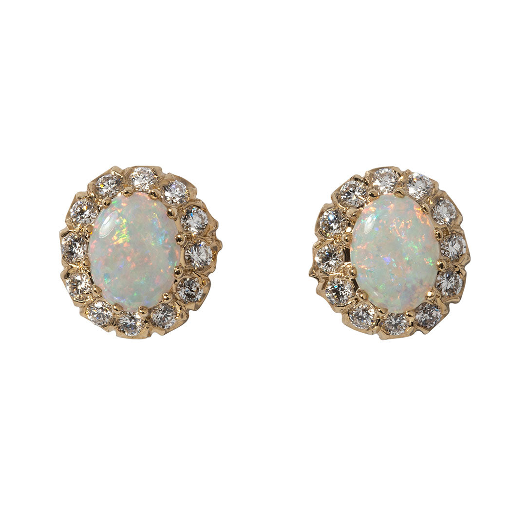 Oval Opal & Diamond Cluster 14K Yellow Gold Earrings