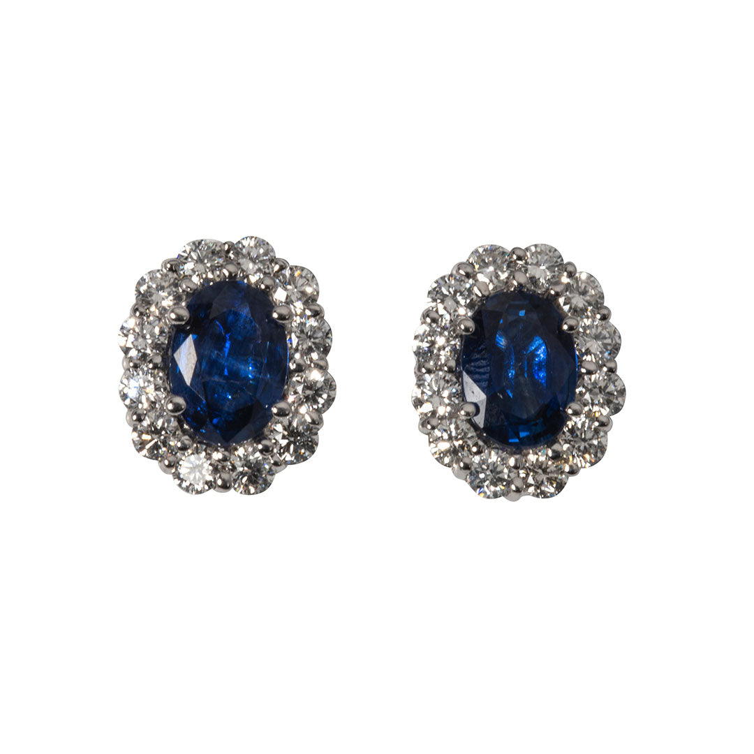 Oval Sapphire & Diamond Halo 18K White Gold Stud Earrings