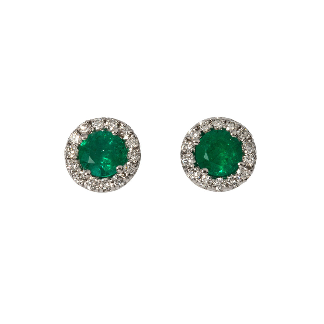 Emerald & Diamond Halo 18K White Gold Stud Earrings