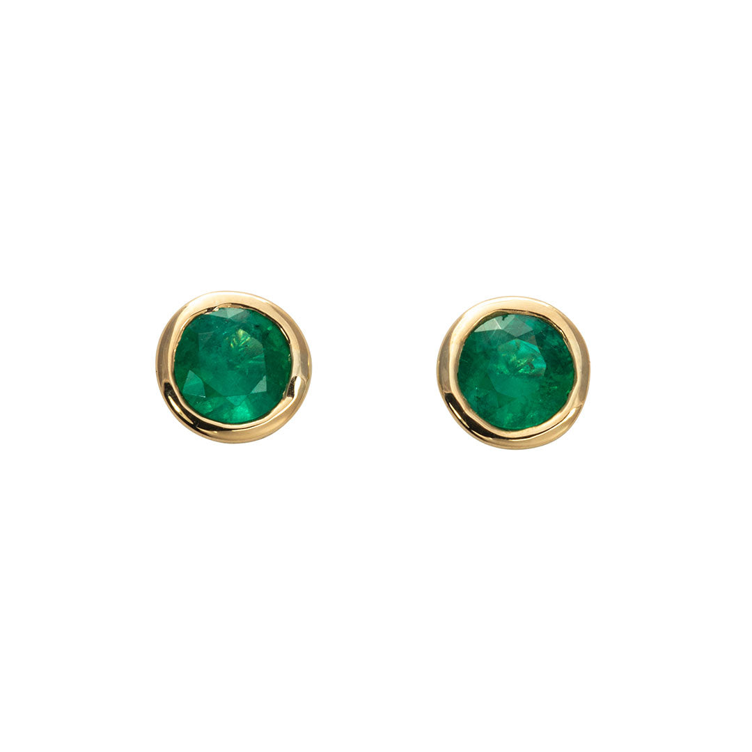 Emerald Bezel Set 18K Yellow Gold Stud Earrings
