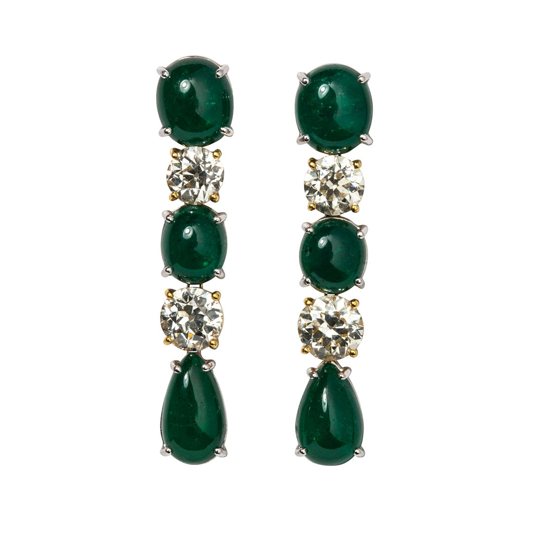 Cabochon Emerald & Old European Diamond Drop Earrings
