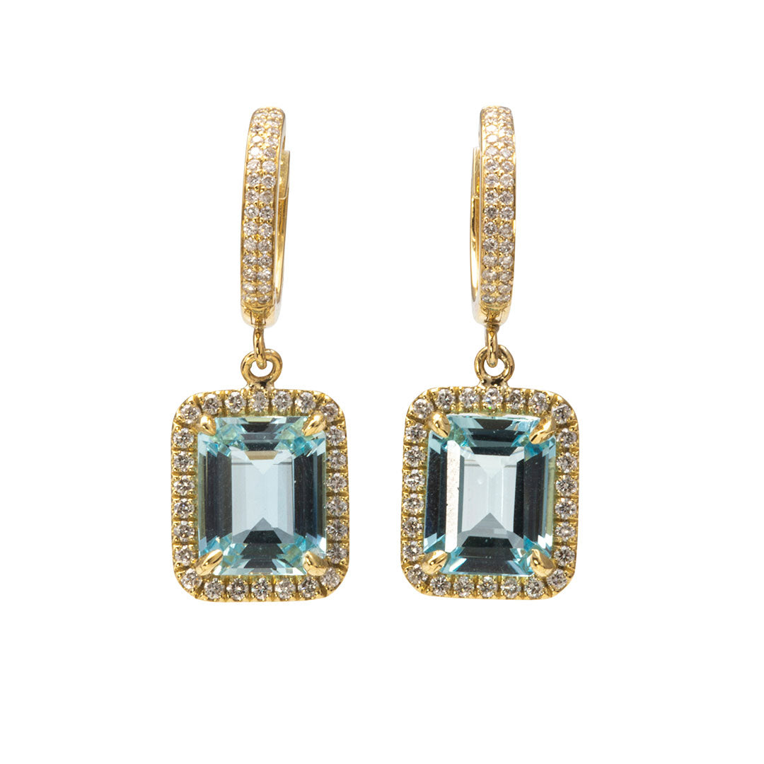 Emerald Cut Aquamarine & Diamond 18K Gold Drop Earrings