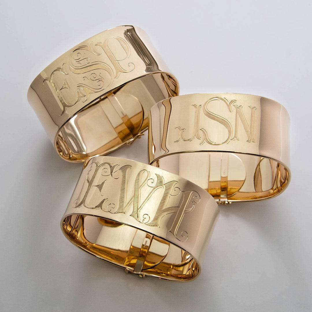 14K Gold Extra Wide Cuff Bangles with hand engraved monograms