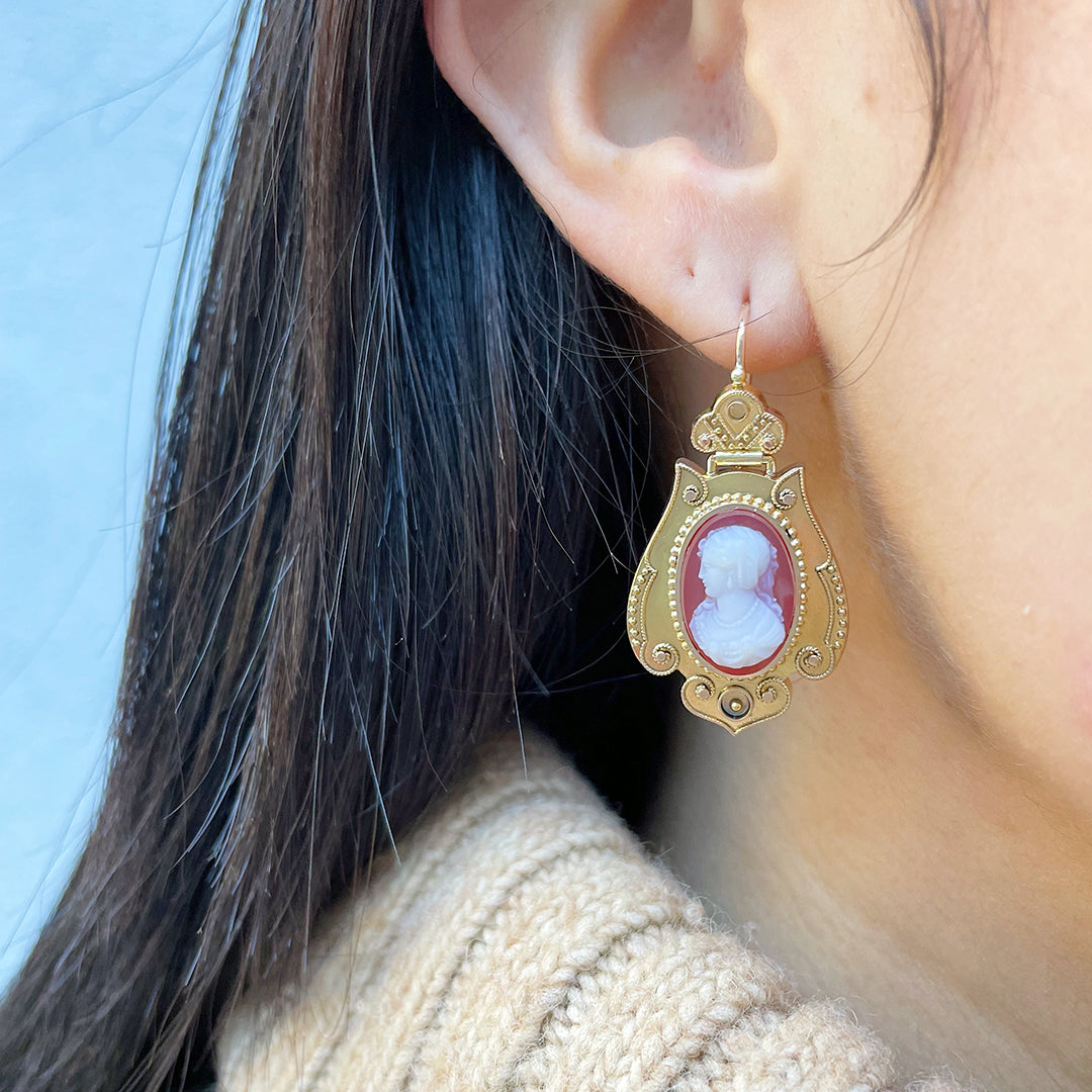 Victorian Etruscan Revival Cameo 14K Yellow Gold Earrings
