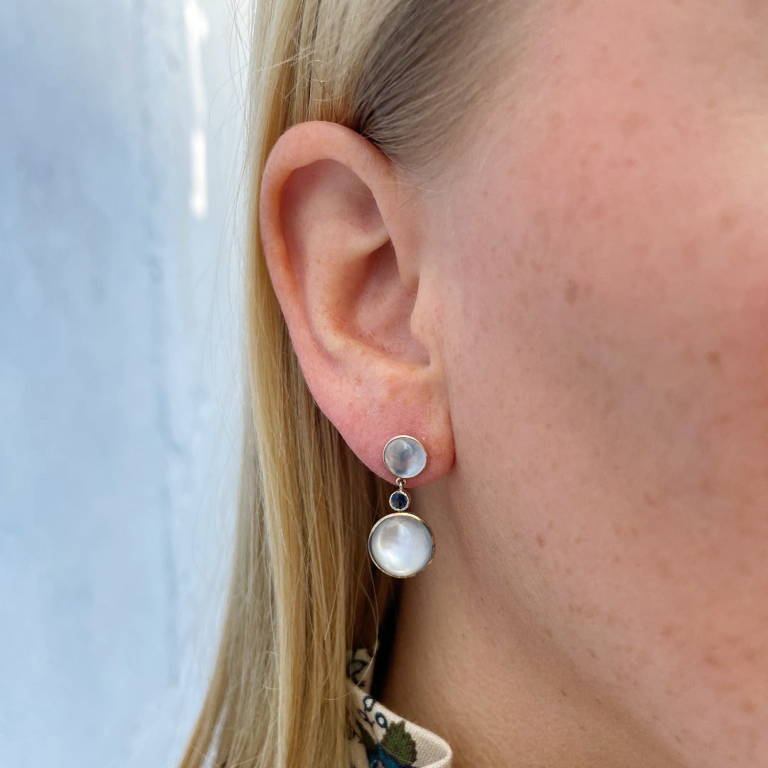 Estate Moonstone & Sapphire 14K Gold Drop Earrings
