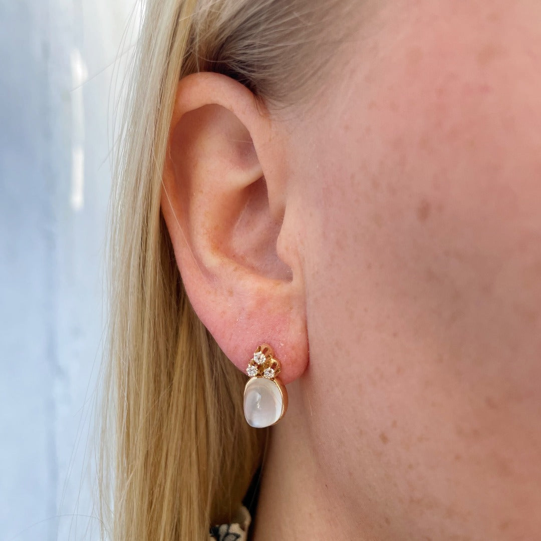 Estate Cabochon Moonstone & Diamond 14K Gold Earrings