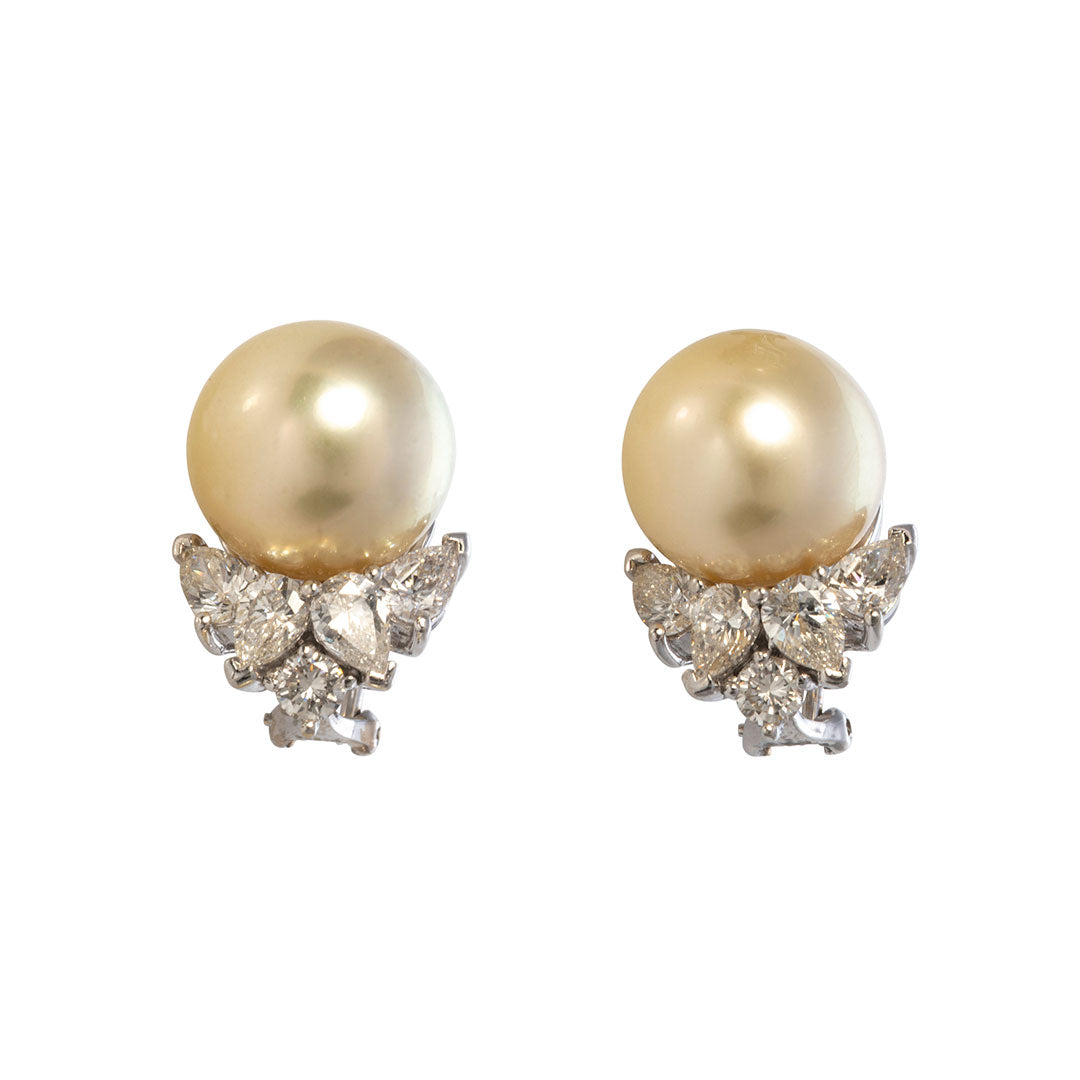 Estate South Sea Pearl & Diamond Platinum Earrings