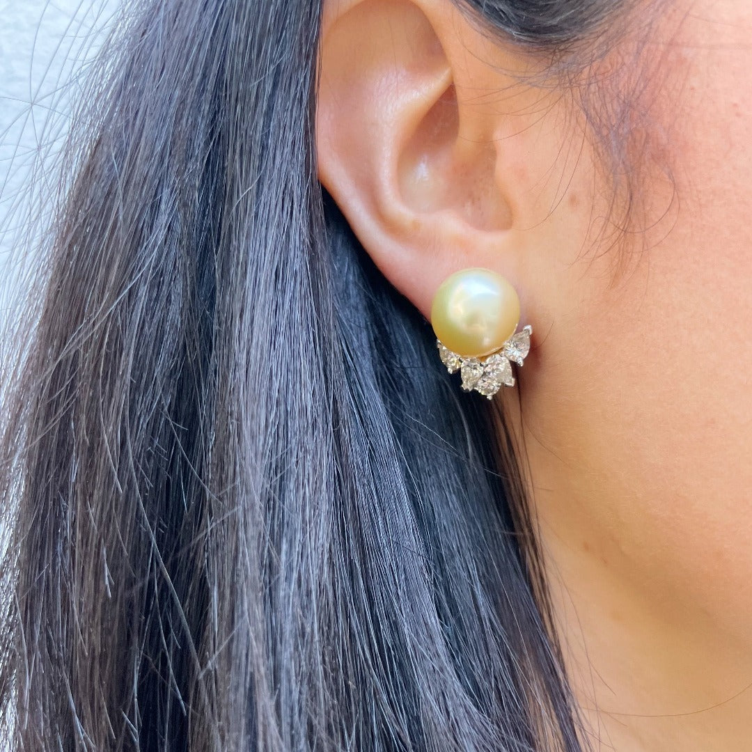 Estate South Sea Pearl & Diamond Platinum Earrings