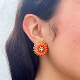 Estate Diamond & Carved Coral 18K Gold Clip On Earrings