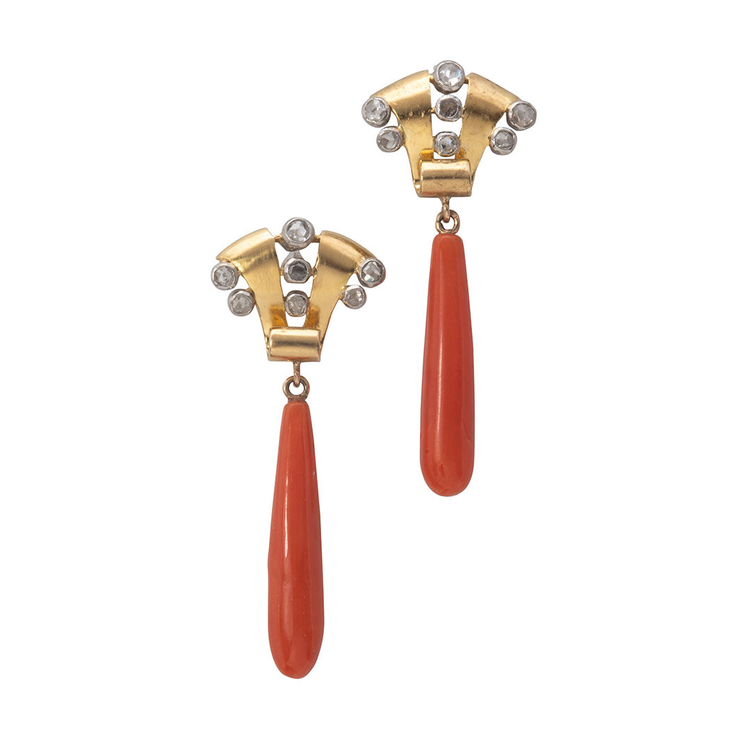 Estate Diamond & Coral Drop 18K Gold Earrings