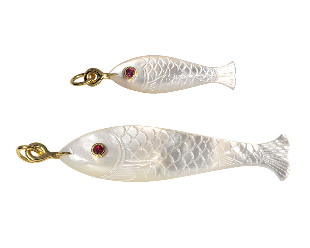 Mazza Mother of Pearl & Ruby 14K Gold Fish Pendants