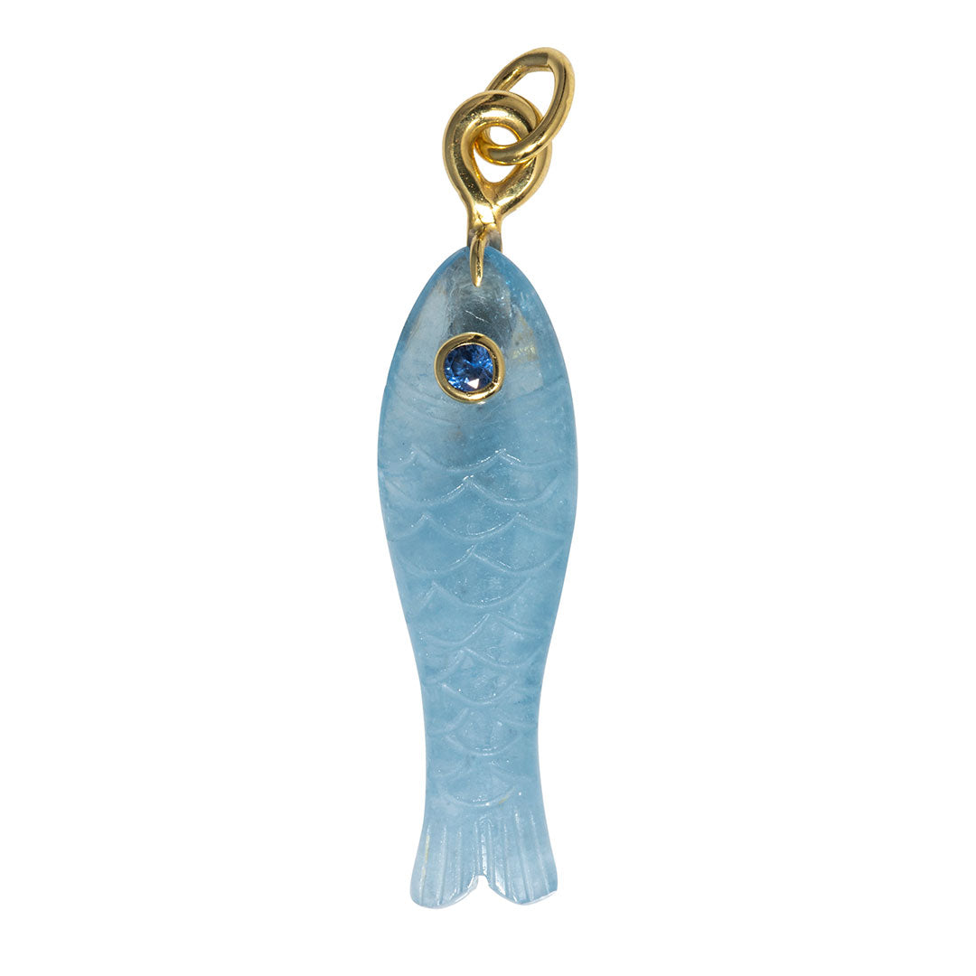 Mazza Aquamarine & Sapphire 14K Gold Fish Pendant Small