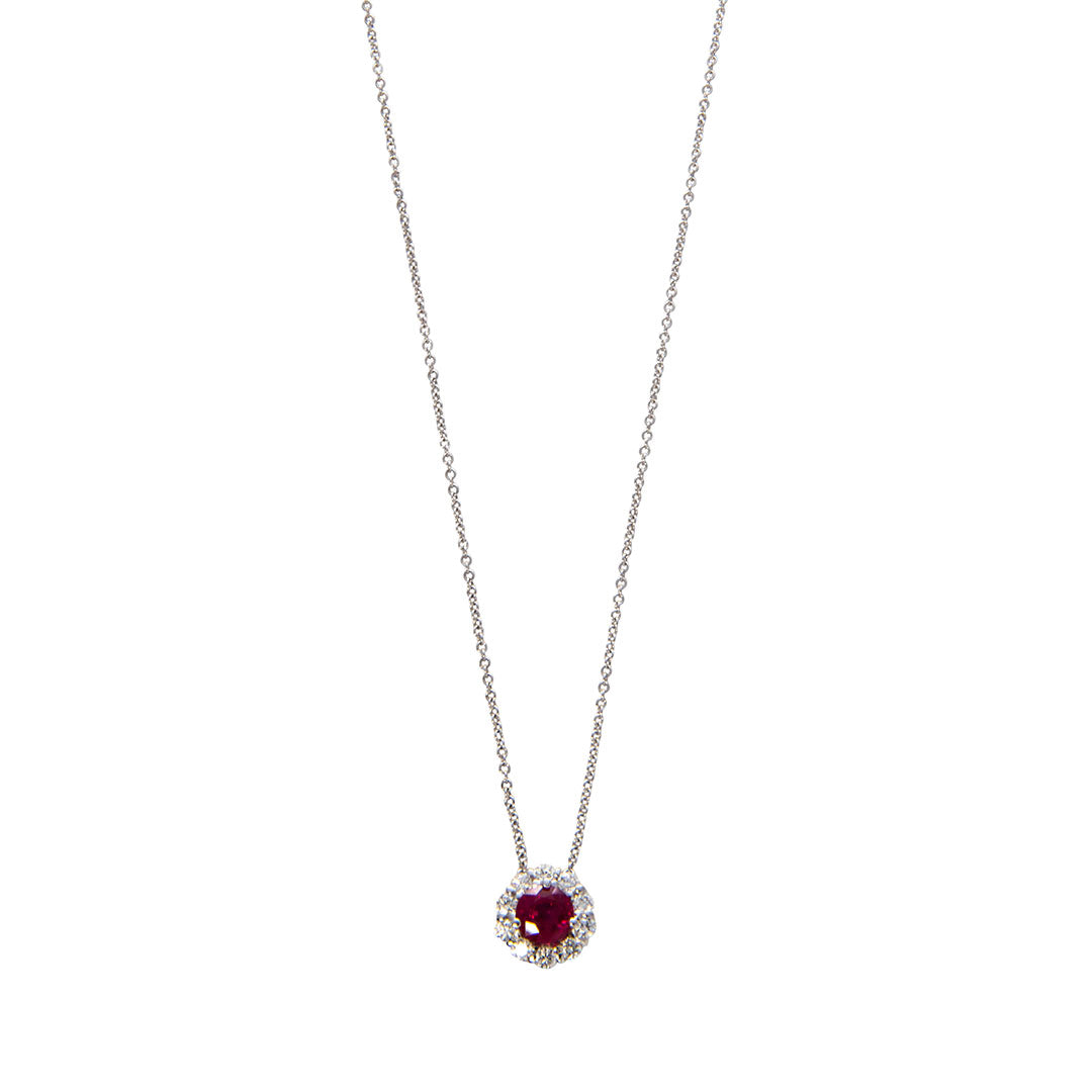 Ruby & Diamond Halo 18K White Gold Pendant Necklace