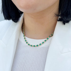 Oval Emerald & Diamond Bezel 14K Gold Tennis Necklace