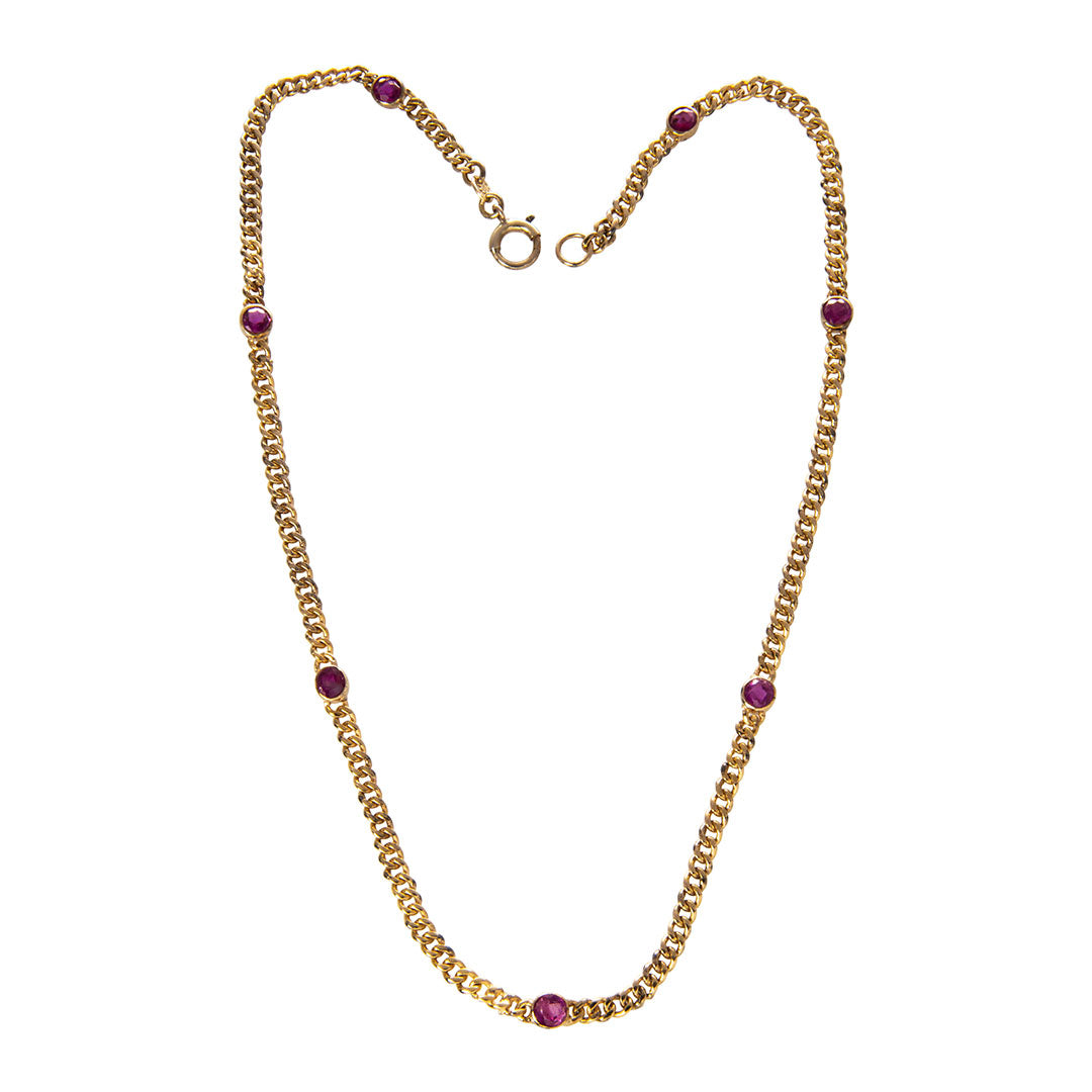Estate Ruby 7 Station 14K Gold Curb Chain Necklace