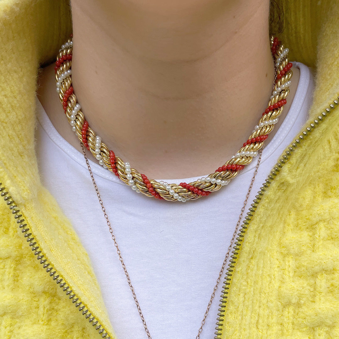 Estate Coral & Pearl 14K Yellow Gold Rope Necklace
