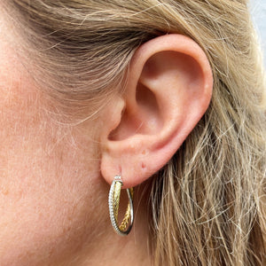 CZ Gold Plated Silver Crossed Mesh 35mm Hoop Earrings