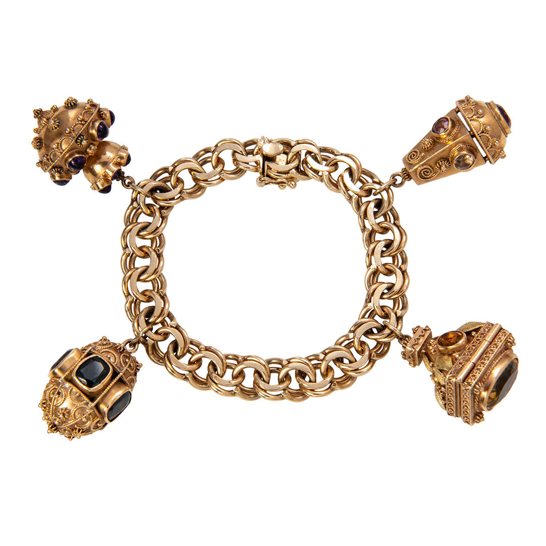 Estate 14K Gold Etruscan Revival Fob Charm Bracelet