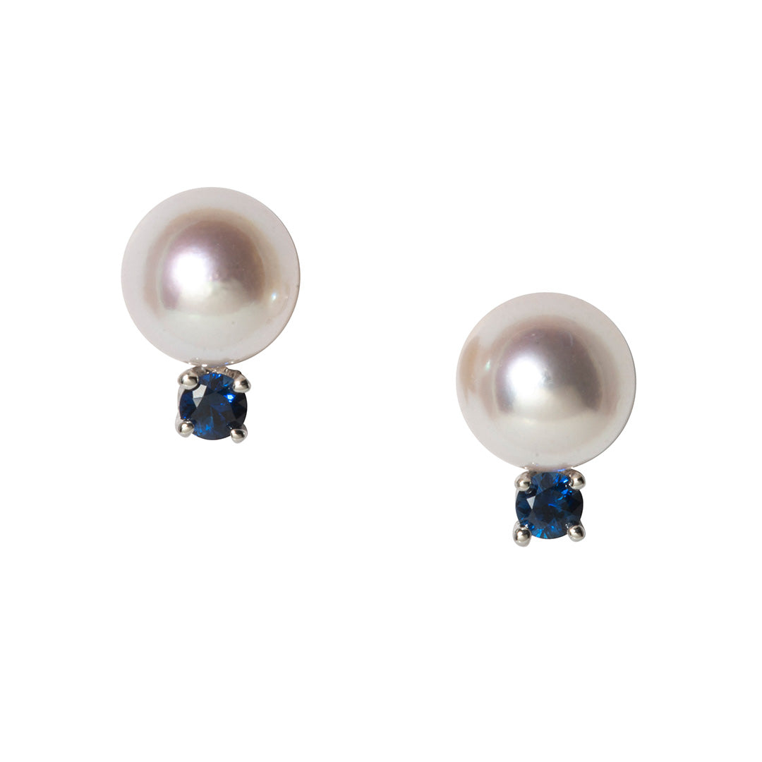 8mm Pearl & Sapphire 14K White Gold Stud Earrings