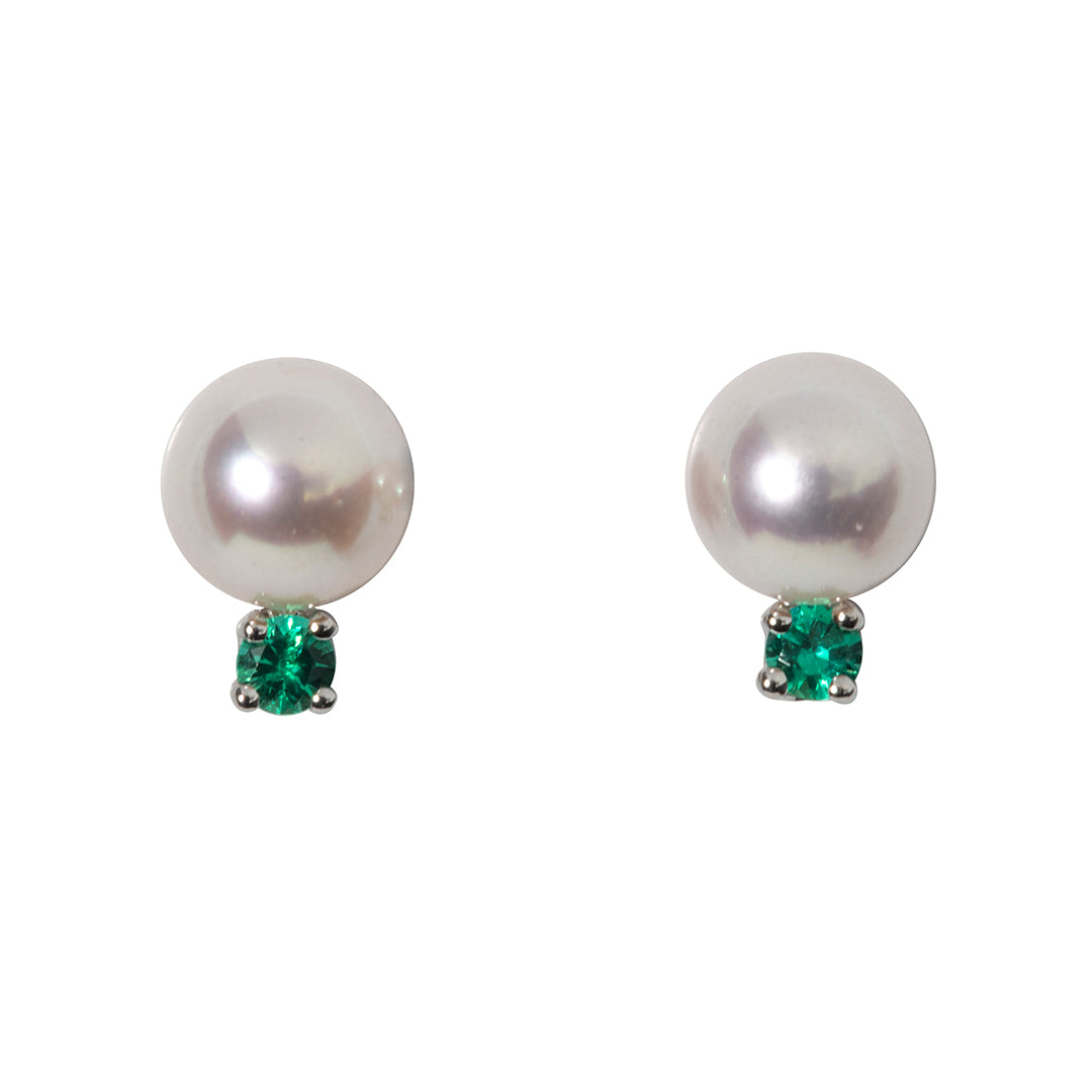 8mm Pearl & Emerald 14K White Gold Stud Earrings