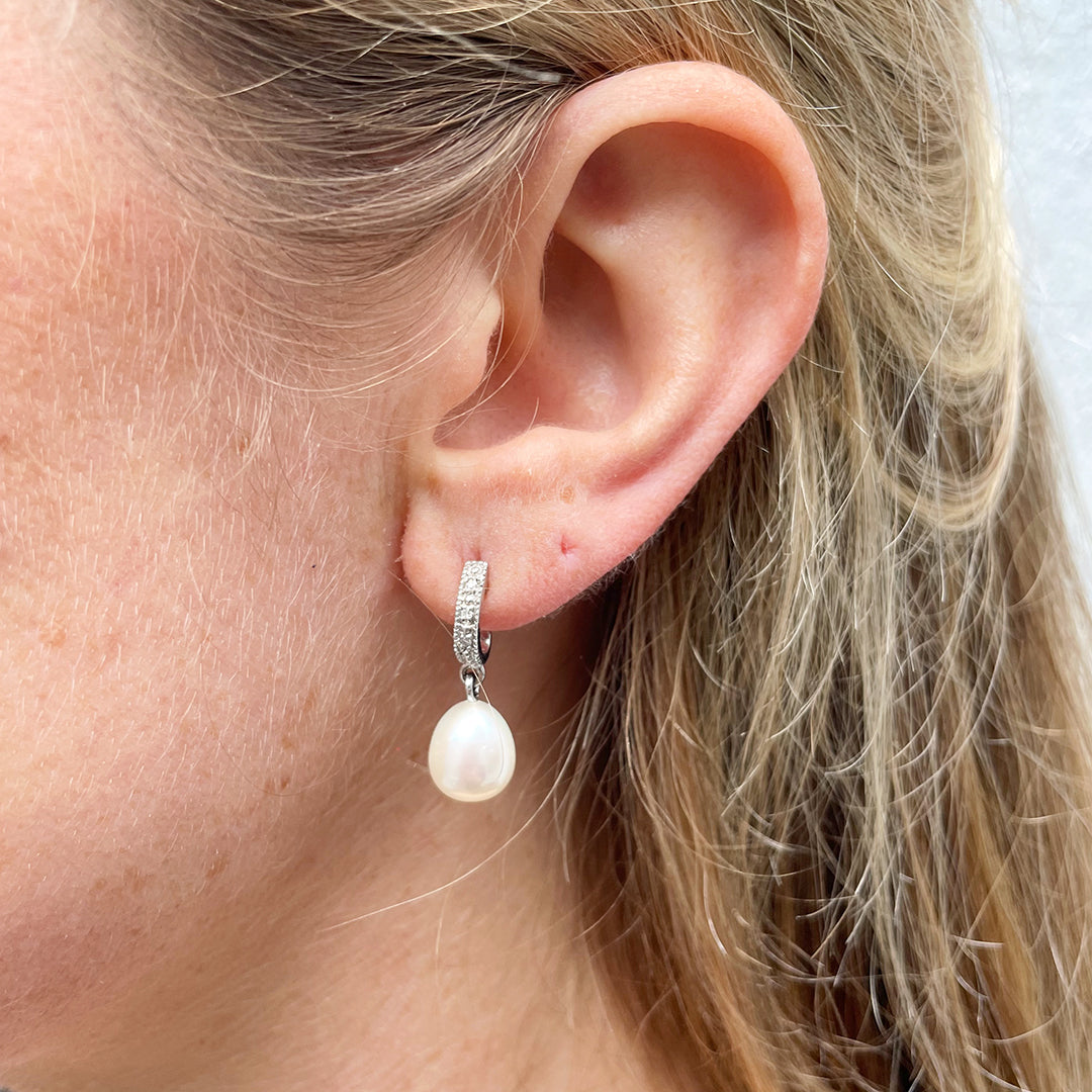 Freshwater Pearl & Diamond Sterling Silver Drop Earrings