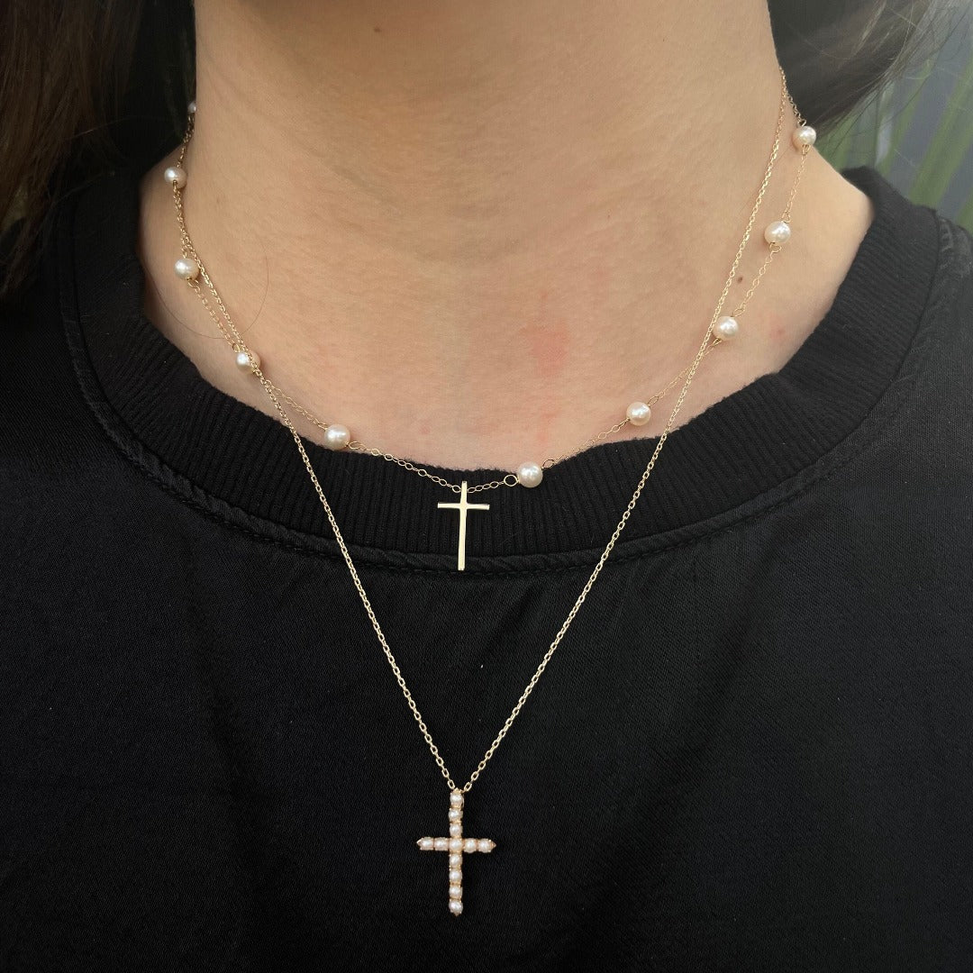 Freshwater Seed Pearl Cross 14K Yellow Gold Pendant Necklace