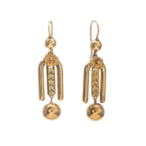 Victorian Etruscan Floral 14K Yellow Gold Drop Earrings