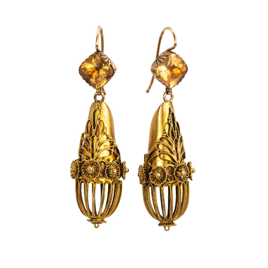 Victorian Etruscan Revival Topaz 14K Yellow Gold Earrings