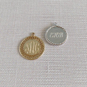 Sterling Silver Extra Small Rope Disc Charm with machine engraved initials