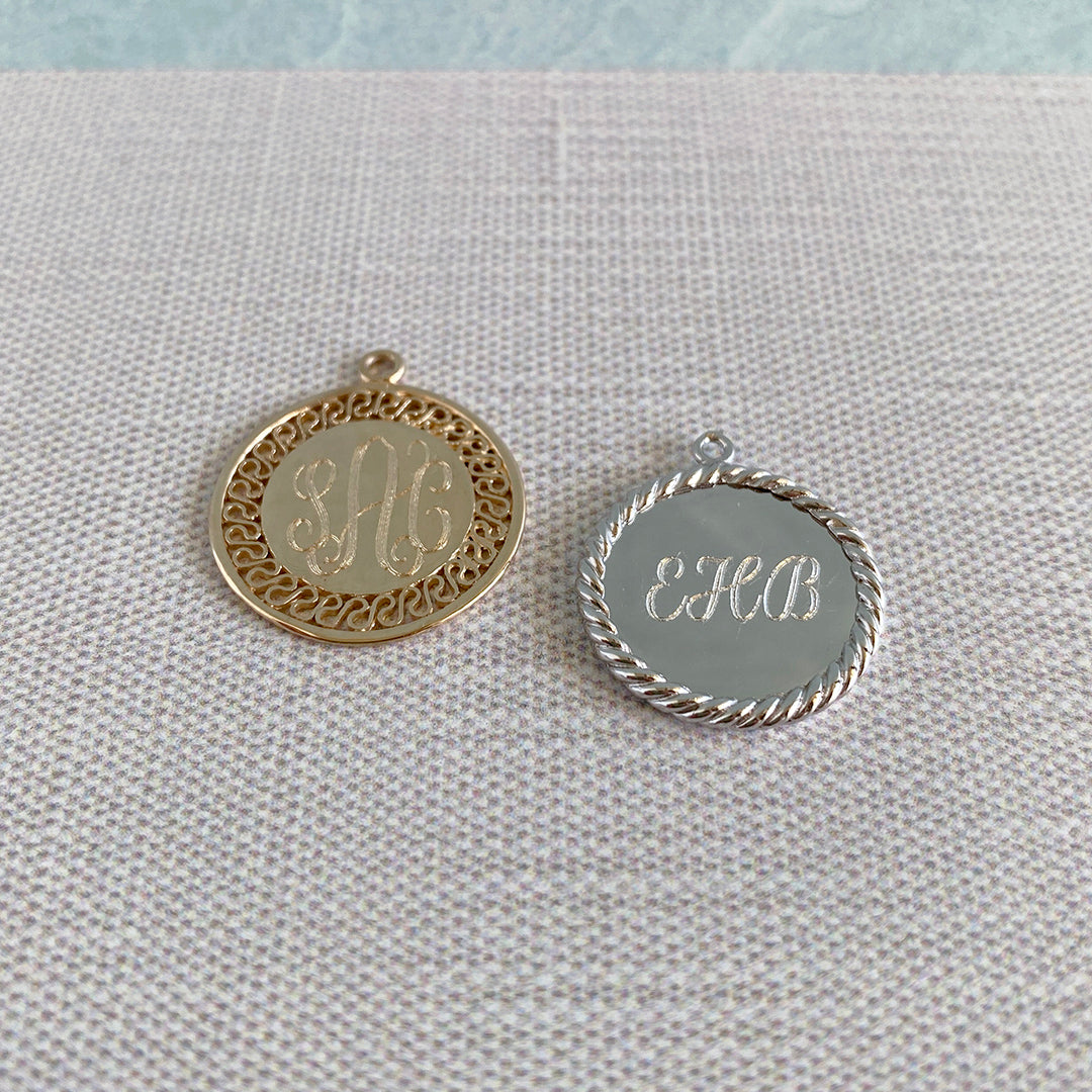 Sterling Silver Extra Small Rope Disc Charm with machine engraved initials