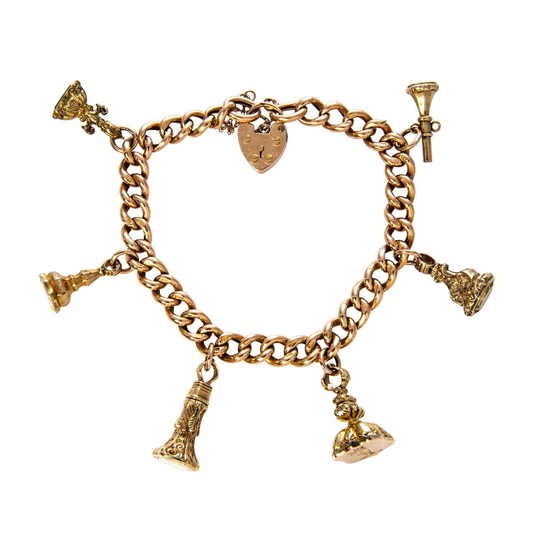 Victorian Gold Heart Padlock 6 Fob Charm Bracelet