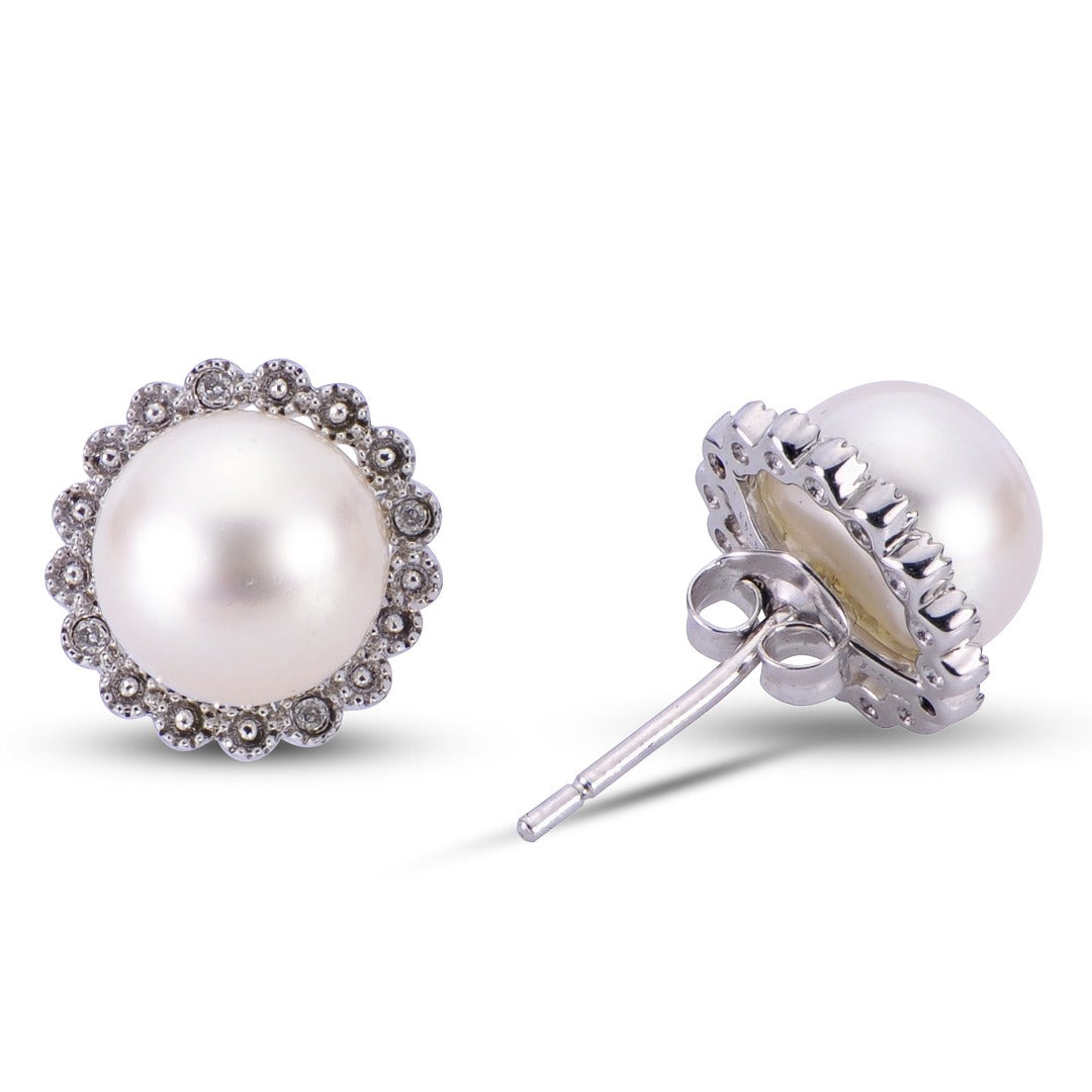 Freshwater Pearl & Diamond Sterling Silver Stud Earrings