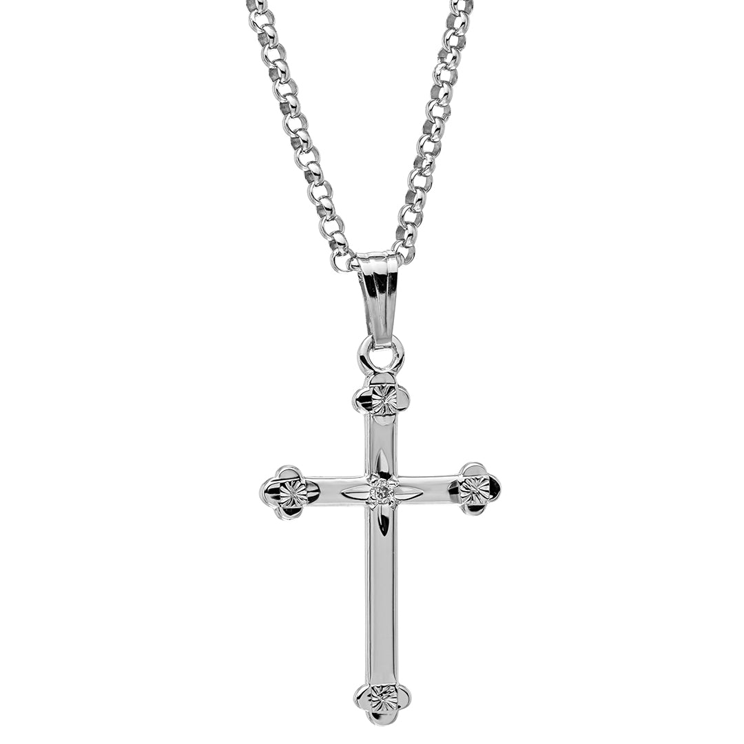 Diamond Sterling Silver Budded Cross Pendant Necklace