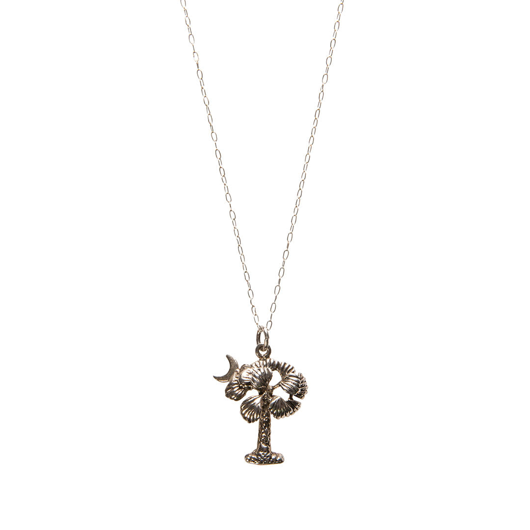 Sterling Silver Palmetto Tree & Crescent Pendant Necklace
