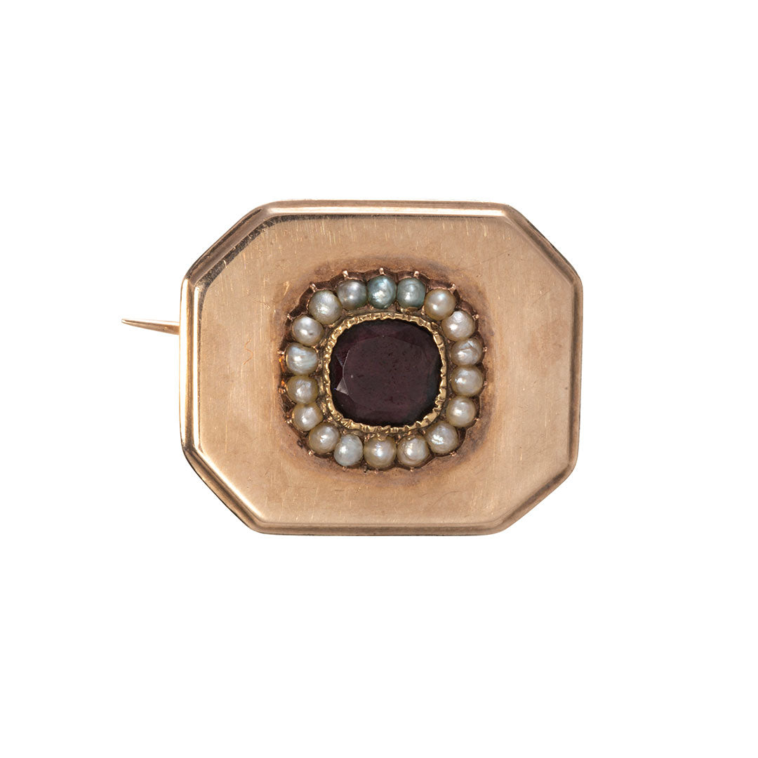 Georgian Garnet & Pearl 14K Gold Brooch Pin