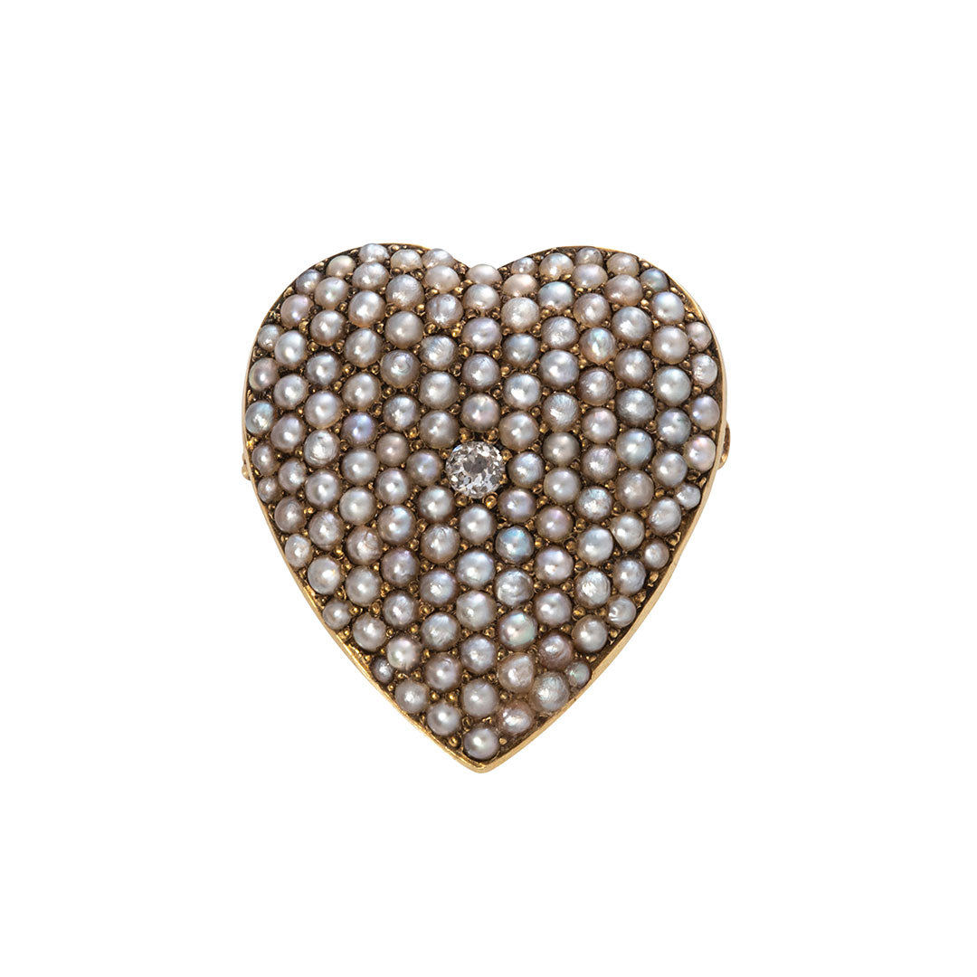 Victorian Diamond & Pearl Pavé 14K Gold Heart Pin/Pendant